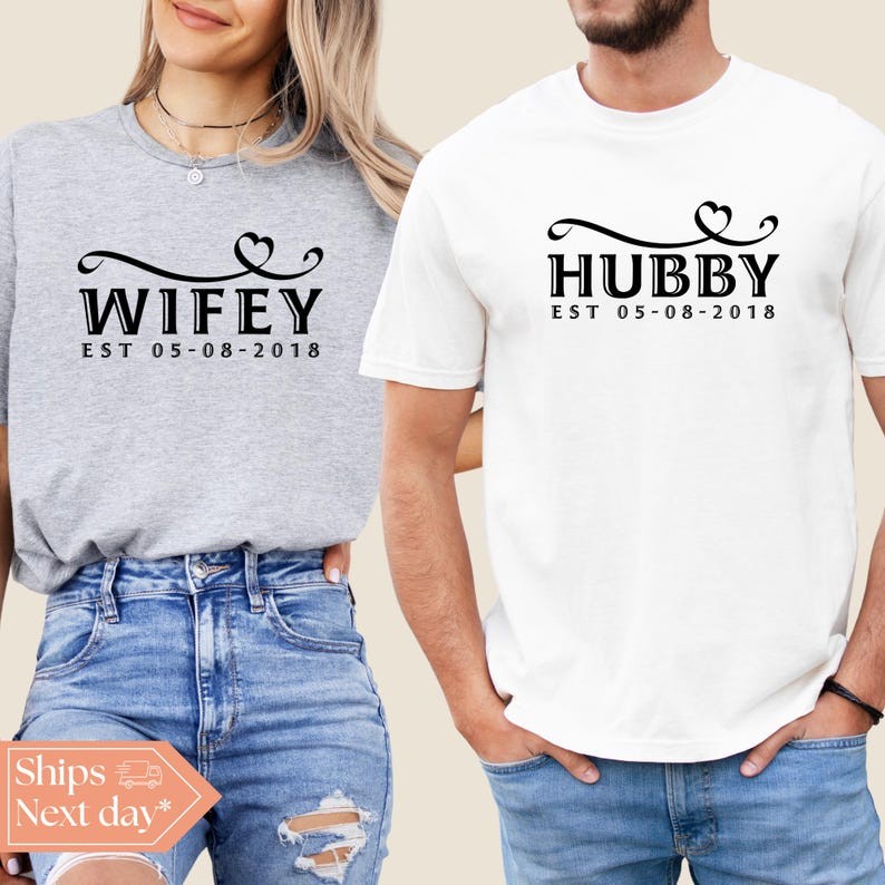 Personalised Hubby Wifey Comfort Colours Matching Couple Shirt Valentine's Day Gift