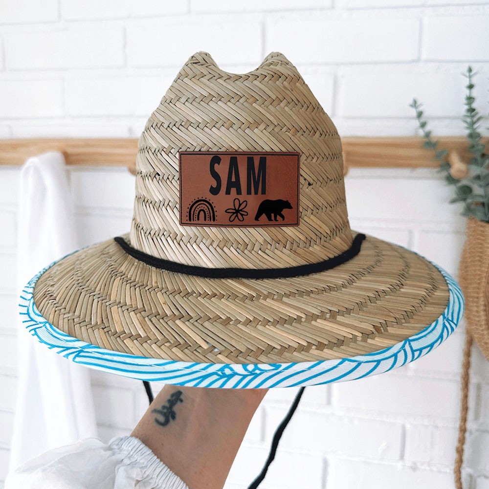 Personalised Leather Name Patch Straw Hat Sun Hat With Name and Symbols Xmas Gift for Toddler Child Adult