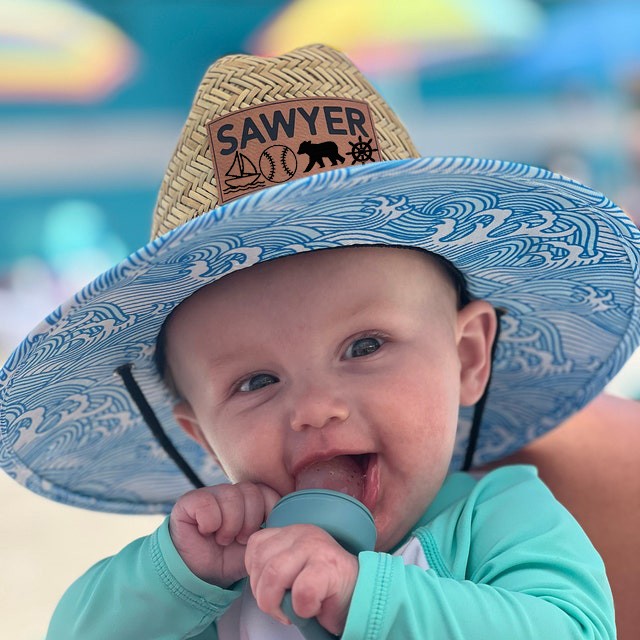 Personalised Leather Name Patch Straw Hat Sun Hat With Name and Symbols Xmas Gift for Toddler Child Adult