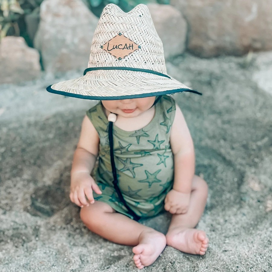 Personalised Leather Name Patch Straw Hat Sun Hat Xmas Gift for Toddler Child Adult
