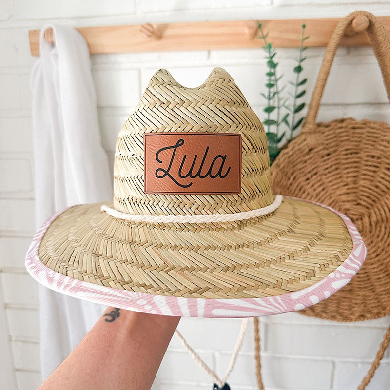 Personalised Leather Name Patch Straw Hat Sun Hat Xmas Gift for Toddler Child Adult