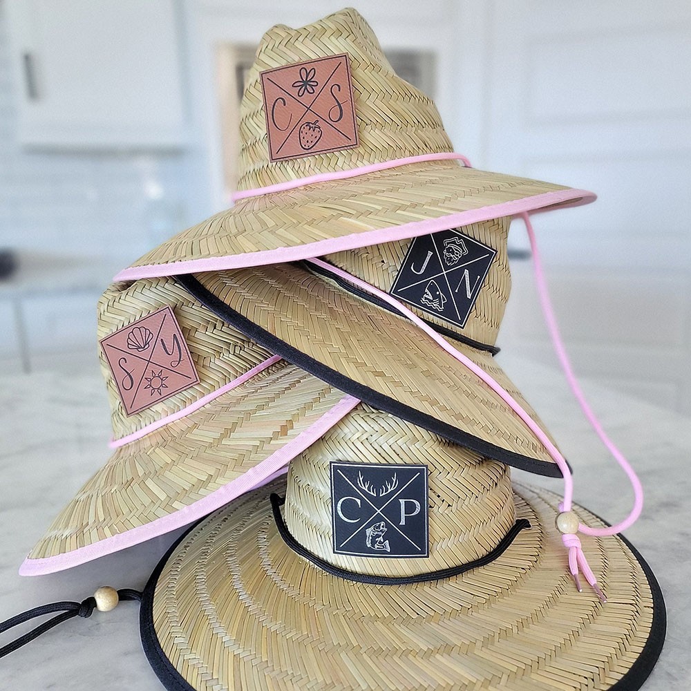 Personalised Leather Name Patch Straw Hat Sun Hat With Initials and Symbols Xmas Gift for Toddler Child Adult
