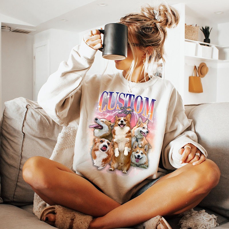 Personalised Photo Bootleg Rap Dog Tshirt Sweatshirt Hoodie Vintage 90s Graphic Shirt Gift for Pet Lovers