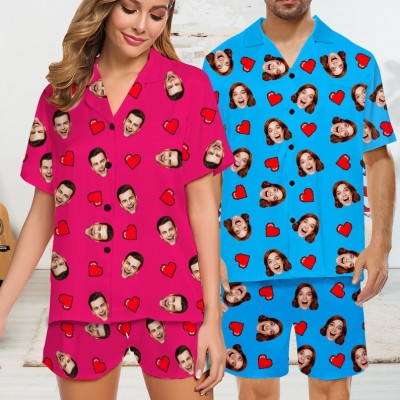 Personalised Couple Faces Heart Pajamas Gift for Him Her Anniversary Valentine's Day Gift
