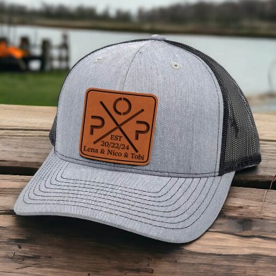 Personalised POP DAD Real Leather Patch Trucker Hat with Kids Names Christmas Gift New Dad Gift