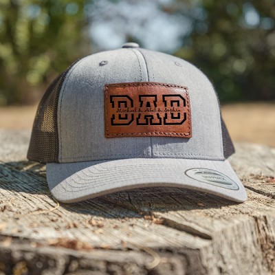 Personalised DAD Real Leather Patch Trucker Hat with Kids Names Christmas Gift New Dad Gift