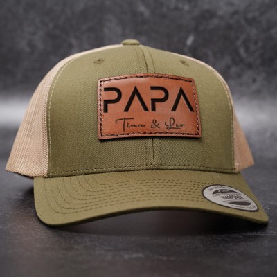 Personalised PAPA DAD Real Leather Patch Trucker Hat with Kids Names Christmas Gift New Dad Gift