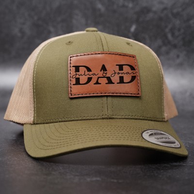 Personalised DAD Real Leather Patch Trucker Hat with Kids Names Christmas Gift New Dad Gift