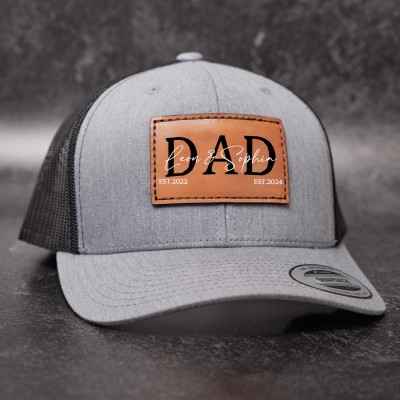 Personalised DAD POP Real Leather Patch Trucker Hat with Kids Names Christmas Gift New Dad Gift