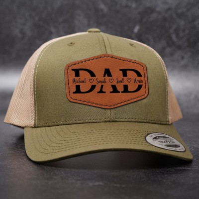 Personalised DAD Real Leather Patch Trucker Hat with Kids Names Christmas Gift New Dad Gift