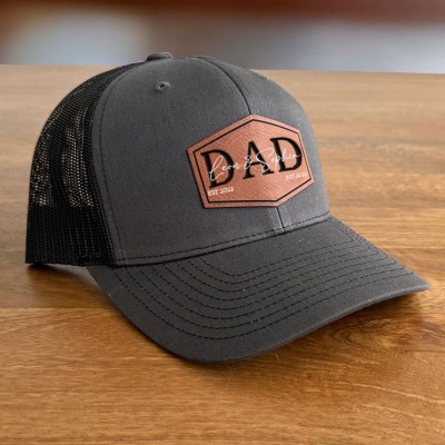 Personalised DAD POP Real Leather Patch Trucker Hat with Kids Names Christmas Gift New Dad Gift