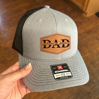 Personalised DAD Real Leather Patch Trucker Hat with Kids Names Christmas Gift New Dad Gift