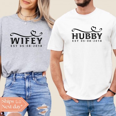 Personalised Hubby Wifey Comfort Colours Matching Couple Shirt Valentine's Day Gift