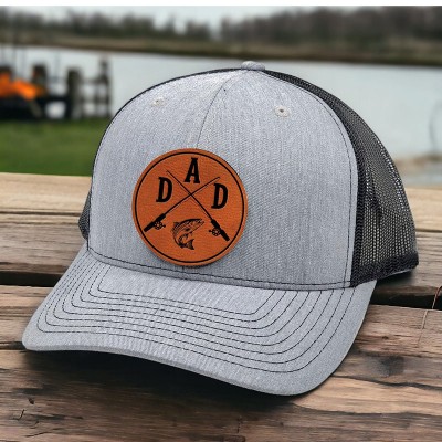 Personalised DAD Real Leather Patch Trucker Hat with Kids Names Christmas Gift For Fishing Lover