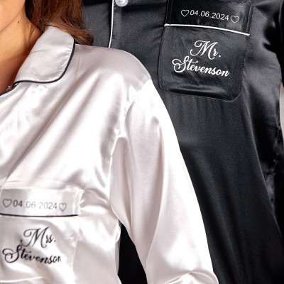 Personalised Couple Satin Pajamas Mr and Mrs Pjs Anniversary Valentine's Day Gift