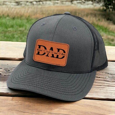 Personalised DAD Real Leather Patch Trucker Hat with Kids Names Christmas Gift New Dad Gift
