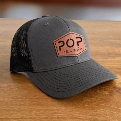Personalised POP DAD Real Leather Patch Trucker Hat with Kids Names Christmas Gift New Dad Gift