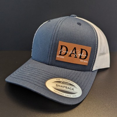 Personalised POP DAD Real Leather Patch Trucker Hat with Kids Names Christmas Gift New Dad Gift