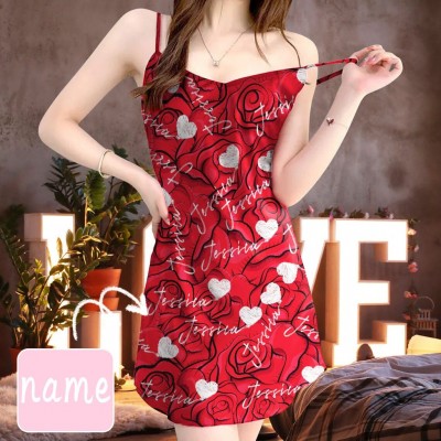 Custom Name Red Rose Women's Cami V-Neck Suspenders Nightdress Valentine Pajama