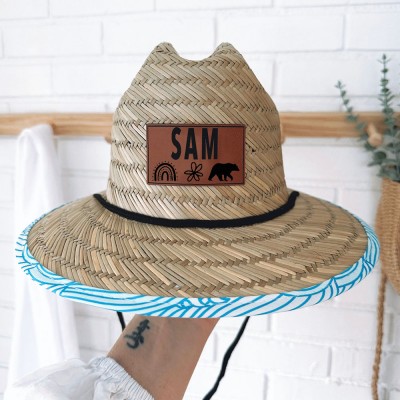 Personalised Leather Name Patch Straw Hat Sun Hat With Name and Symbols Xmas Gift for Toddler Child Adult