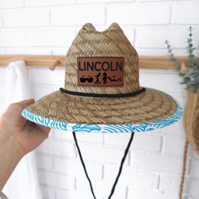 Personalised Leather Name Patch Straw Hat Sun Hat With Name and Symbols Xmas Gift for Toddler Child Adult