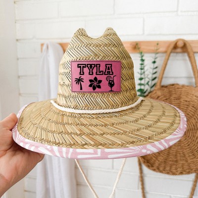 Personalised Leather Name Patch Straw Hat Sun Hat With Name and Symbols Xmas Gift for Toddler Child Adult