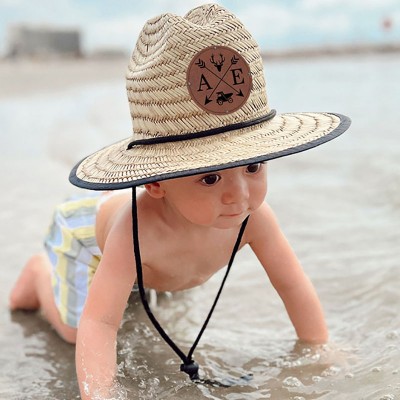 Personalised Leather Name Patch Straw Hat Sun Hat With Initials and Symbols Xmas Gift for Toddler Child Adult