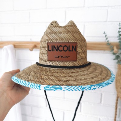 Personalised Leather Name Patch Straw Hat Sun Hat Xmas Gift for Toddler Child Adult