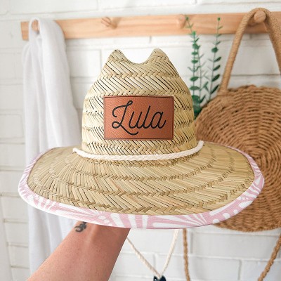 Personalised Leather Name Patch Straw Hat Sun Hat Xmas Gift for Toddler Child Adult