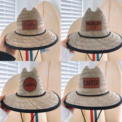Personalised Leather Name Patch Straw Hat Sun Hat Xmas Gift for Toddler Child Adult