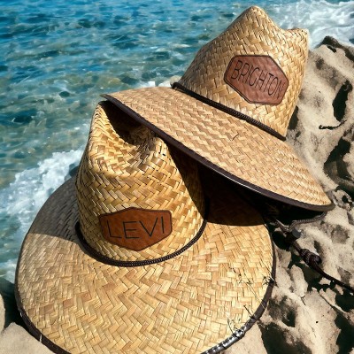 Personalised Leather Name Patch Straw Hat Sun Hat Xmas Gift for Toddler Child Adult