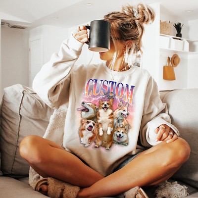 Personalised Photo Bootleg Rap Dog Tshirt Sweatshirt Hoodie Vintage 90s Graphic Shirt Gift for Pet Lovers