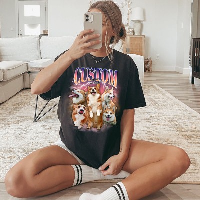 Personalised Photo Bootleg Rap Dog Tshirt Sweatshirt Hoodie Vintage 90s Graphic Shirt Gift for Pet Lovers