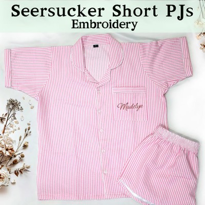 Personalised Embroidery Seersucker Pajamas Sets Gift for Him Her Valentine's Day Gift