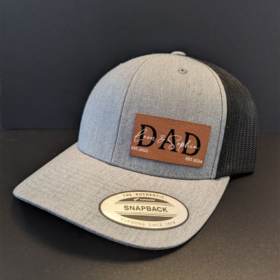 Personalised POP DAD Real Leather Patch Trucker Hat with Kids Names Christmas Gift New Dad Gift
