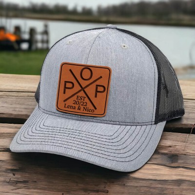 Personalised DAD Real Leather Patch Trucker Hat with Kids Names Christmas Gift New Dad Gift