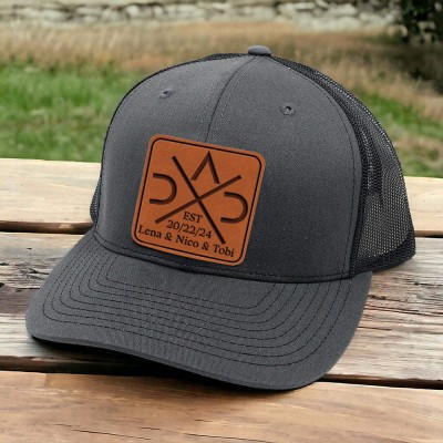 Personalised POP DAD Real Leather Patch Trucker Hat with Kids Names Christmas Gift New Dad Gift