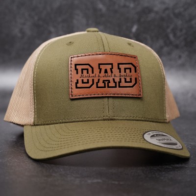 Personalised DAD Real Leather Patch Trucker Hat with Kids Names Christmas Gift New Dad Gift