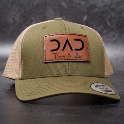 Personalised PAPA DAD Real Leather Patch Trucker Hat with Kids Names Christmas Gift New Dad Gift