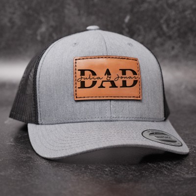 Personalised DAD Real Leather Patch Trucker Hat with Kids Names Christmas Gift New Dad Gift