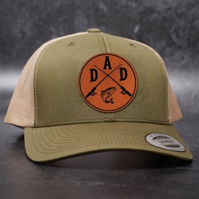 Personalised DAD Real Leather Patch Trucker Hat with Kids Names Christmas Gift For Fishing Lover