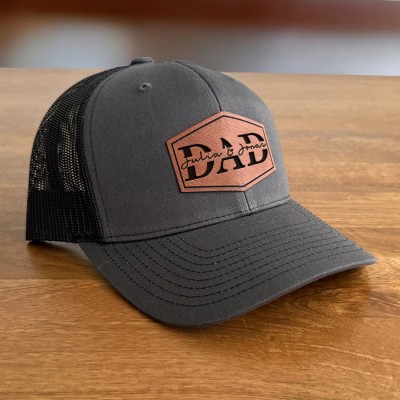 Personalised DAD Real Leather Patch Trucker Hat with Kids Names Christmas Gift New Dad Gift