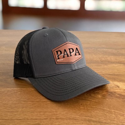Personalised DAD POP Real Leather Patch Trucker Hat with Kids Names Christmas Gift New Dad Gift