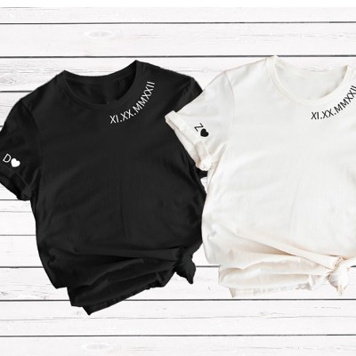 Personalised Date and Initial Roman Numerals T-Shirt  Anniversary Valentine's Day Gift