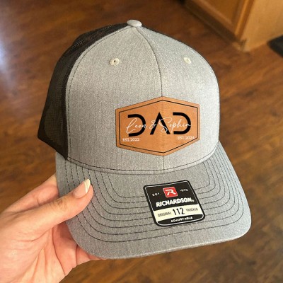 Personalised DAD Real Leather Patch Trucker Hat with Kids Names Christmas Gift