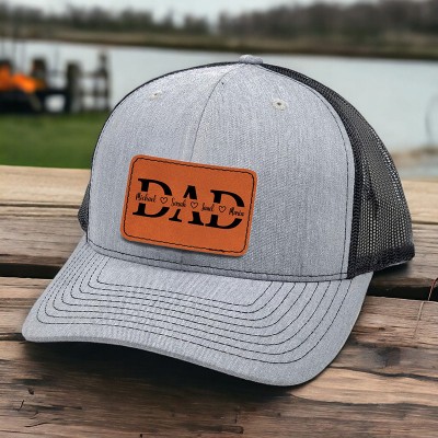 Personalised DAD Real Leather Patch Trucker Hat with Kids Names Christmas Gift New Dad Gift