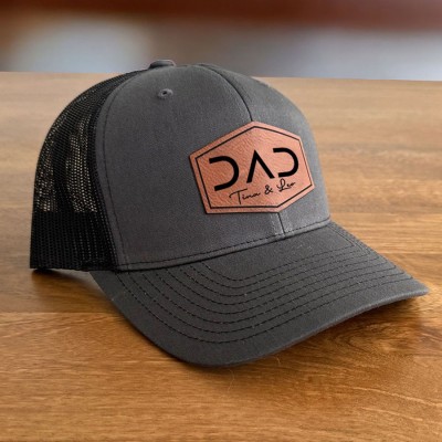 Personalised POP DAD Real Leather Patch Trucker Hat with Kids Names Christmas Gift New Dad Gift