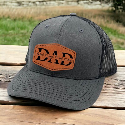 Personalised DAD Real Leather Patch Trucker Hat with Kids Names Christmas Gift New Dad Gift