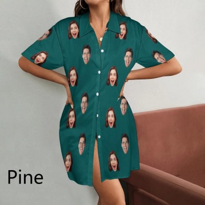 Custom Face Solid Color Satin Silk Nightshirt Button Down Pajama Dress