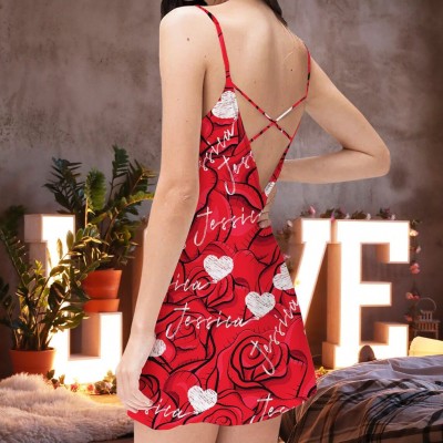 Custom Name Red Rose Women's Cami V-Neck Suspenders Nightdress Valentine Pajama